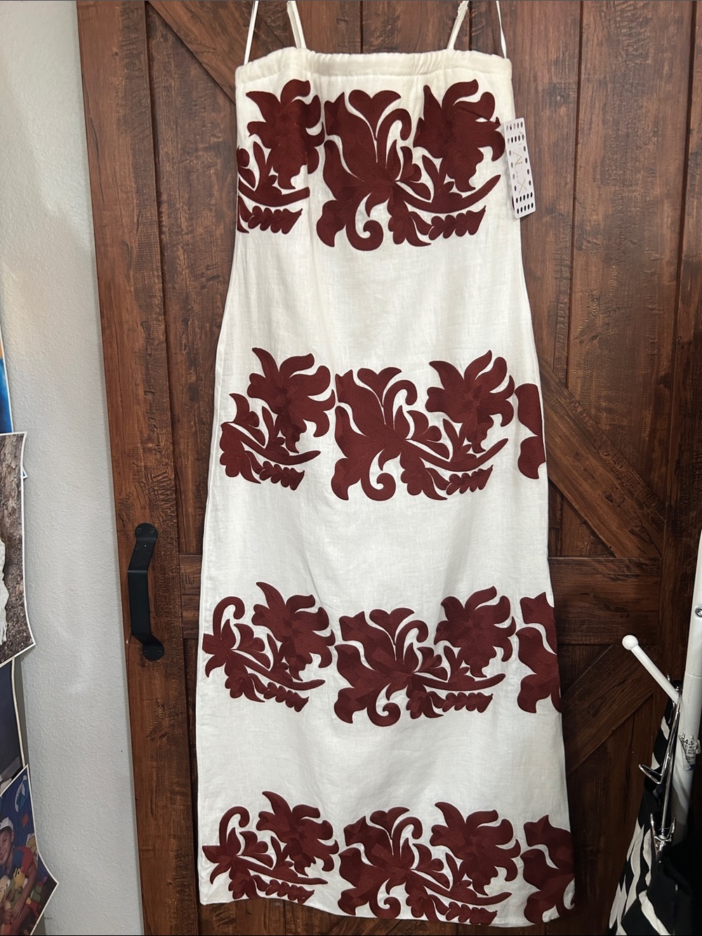 White Maxi Dress with Red Floral Appliqué